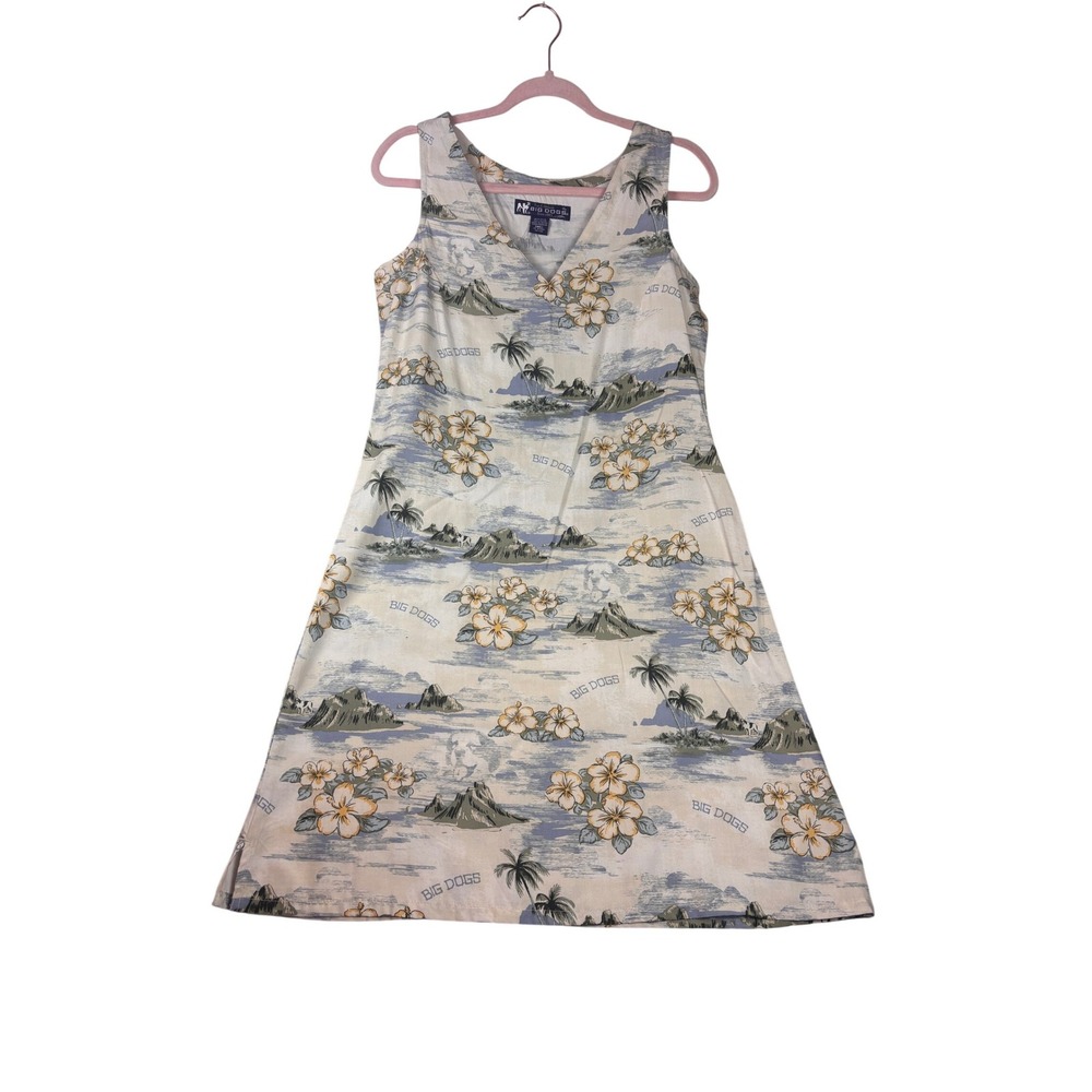 Big Dogs Dress Womens Small Blue Beige Tropical Floral Hibiscus Rayon Sleeveless